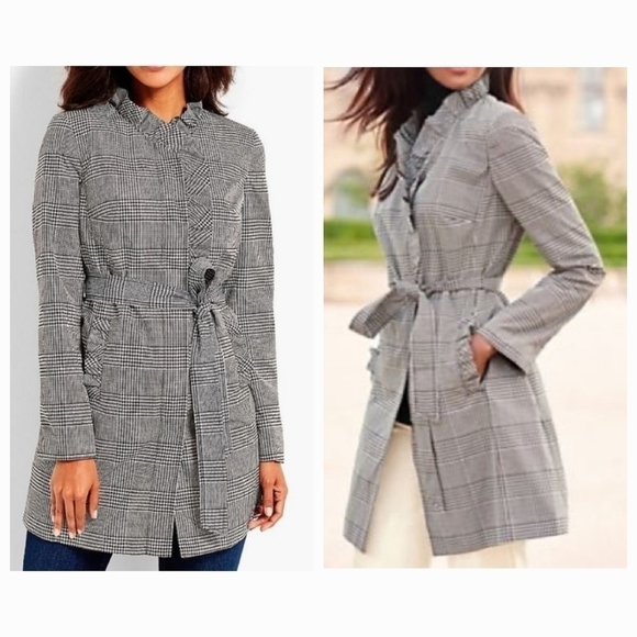 Talbots Petites Glen Houndstooth Plaid Water Resistant Trench/Rain Coat Sz 16P - Picture 1 of 13